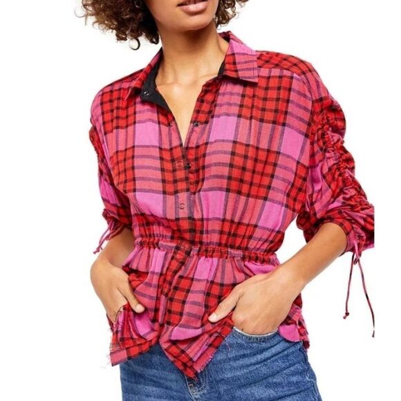 Free people we the free red and pink plaid cinched raw edge top - Picture 1 of 3